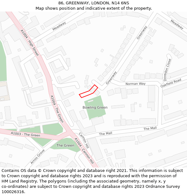 86, GREENWAY, LONDON, N14 6NS: Location map and indicative extent of plot
