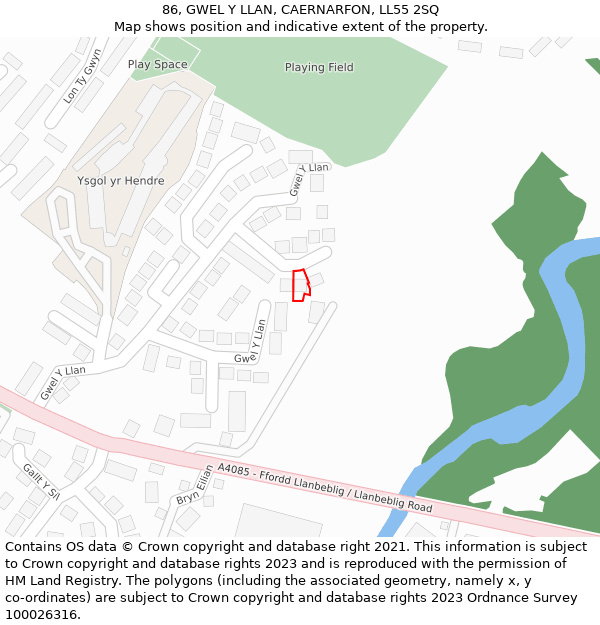 86, GWEL Y LLAN, CAERNARFON, LL55 2SQ: Location map and indicative extent of plot