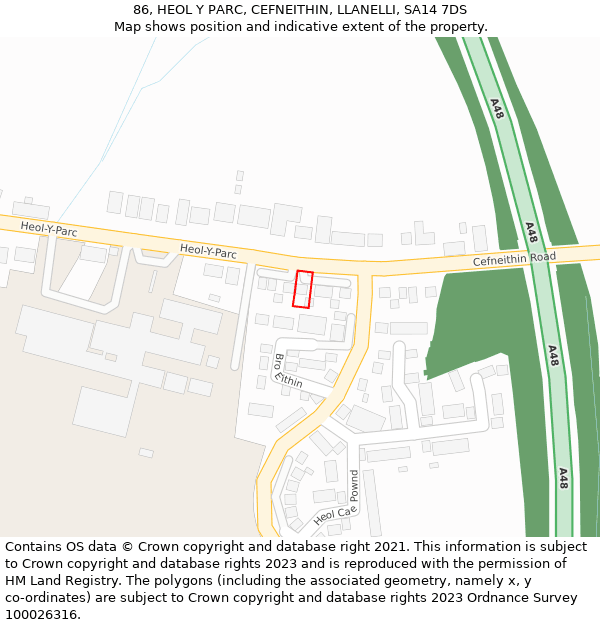 86, HEOL Y PARC, CEFNEITHIN, LLANELLI, SA14 7DS: Location map and indicative extent of plot