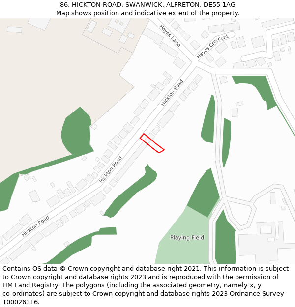 86, HICKTON ROAD, SWANWICK, ALFRETON, DE55 1AG: Location map and indicative extent of plot