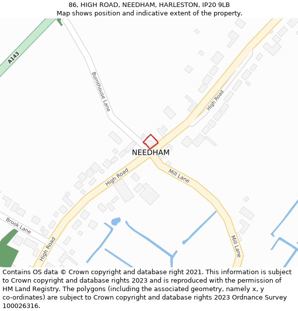 86, HIGH ROAD, NEEDHAM, HARLESTON, IP20 9LB: Location map and indicative extent of plot