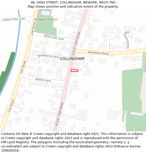 86, HIGH STREET, COLLINGHAM, NEWARK, NG23 7NG: Location map and indicative extent of plot