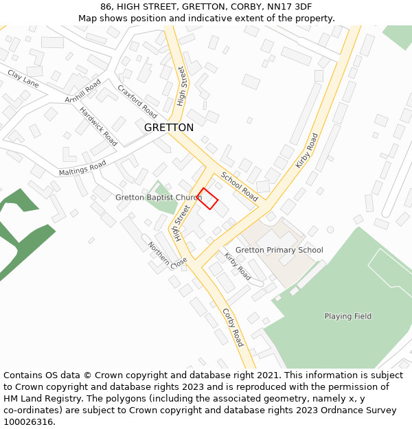 86, HIGH STREET, GRETTON, CORBY, NN17 3DF: Location map and indicative extent of plot