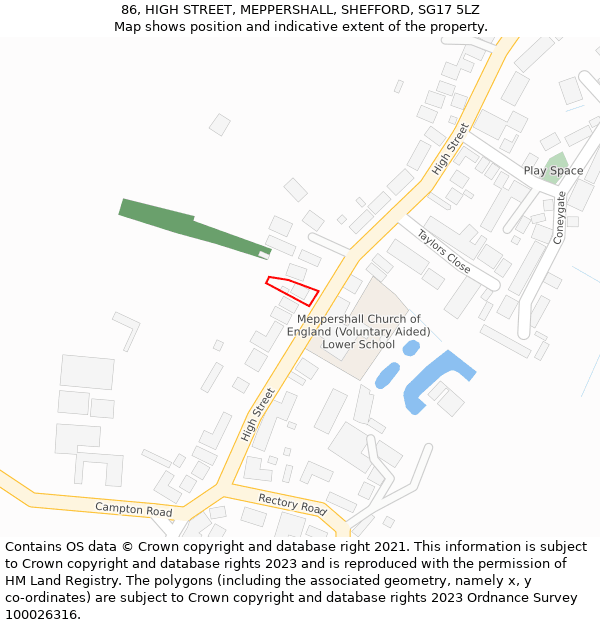 86, HIGH STREET, MEPPERSHALL, SHEFFORD, SG17 5LZ: Location map and indicative extent of plot