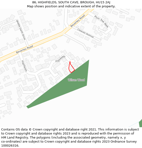 86, HIGHFIELDS, SOUTH CAVE, BROUGH, HU15 2AJ: Location map and indicative extent of plot