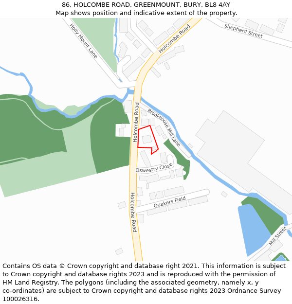 86, HOLCOMBE ROAD, GREENMOUNT, BURY, BL8 4AY: Location map and indicative extent of plot