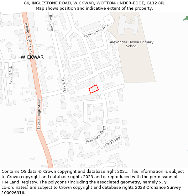 86, INGLESTONE ROAD, WICKWAR, WOTTON-UNDER-EDGE, GL12 8PJ: Location map and indicative extent of plot