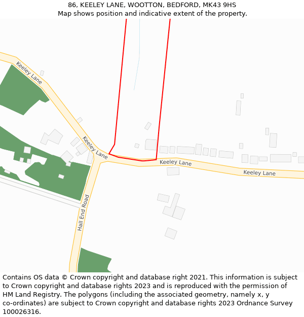 86, KEELEY LANE, WOOTTON, BEDFORD, MK43 9HS: Location map and indicative extent of plot