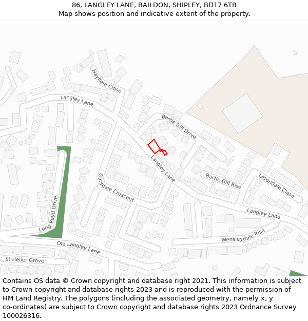 86, LANGLEY LANE, BAILDON, SHIPLEY, BD17 6TB: Location map and indicative extent of plot