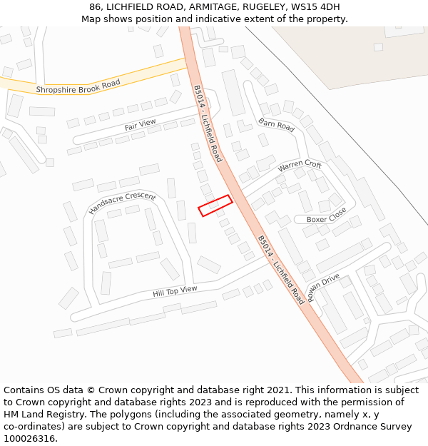 86, LICHFIELD ROAD, ARMITAGE, RUGELEY, WS15 4DH: Location map and indicative extent of plot