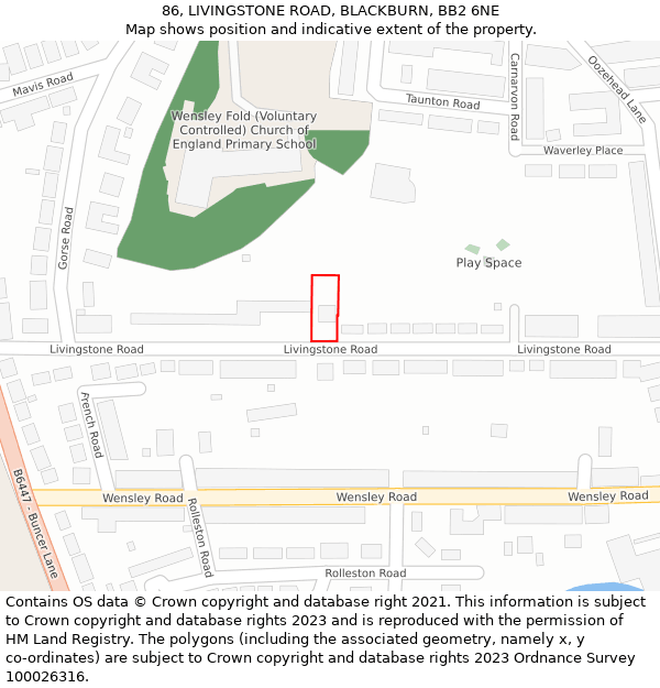 86, LIVINGSTONE ROAD, BLACKBURN, BB2 6NE: Location map and indicative extent of plot