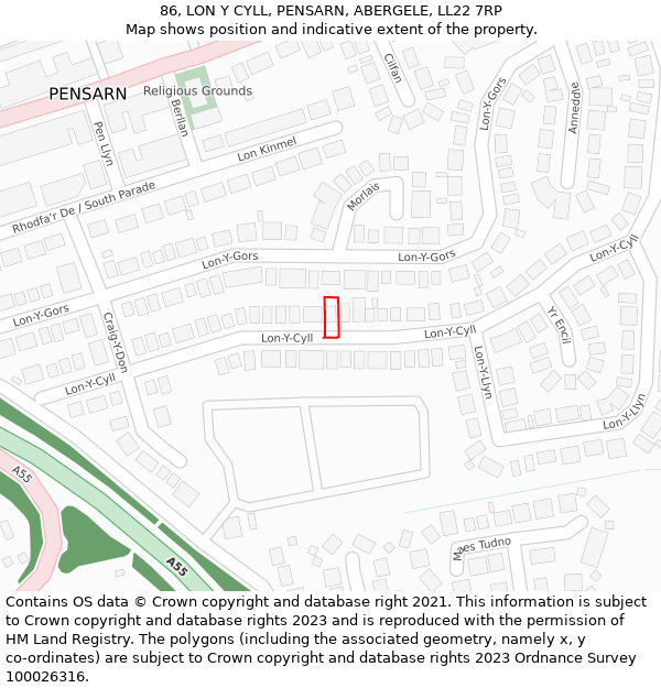 86, LON Y CYLL, PENSARN, ABERGELE, LL22 7RP: Location map and indicative extent of plot
