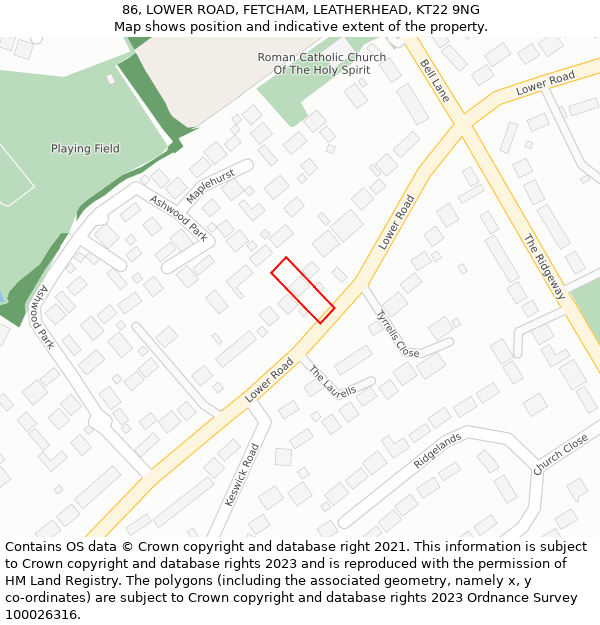 86, LOWER ROAD, FETCHAM, LEATHERHEAD, KT22 9NG: Location map and indicative extent of plot