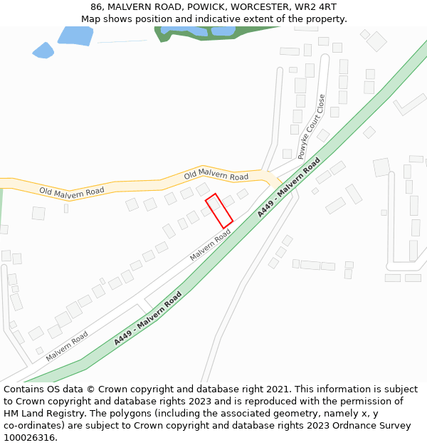 86, MALVERN ROAD, POWICK, WORCESTER, WR2 4RT: Location map and indicative extent of plot