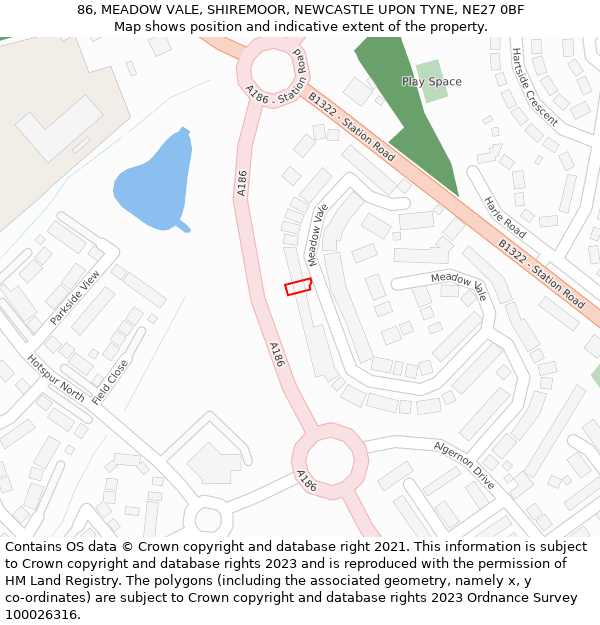 86, MEADOW VALE, SHIREMOOR, NEWCASTLE UPON TYNE, NE27 0BF: Location map and indicative extent of plot