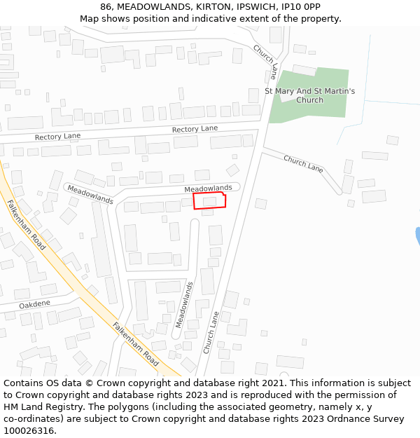 86, MEADOWLANDS, KIRTON, IPSWICH, IP10 0PP: Location map and indicative extent of plot