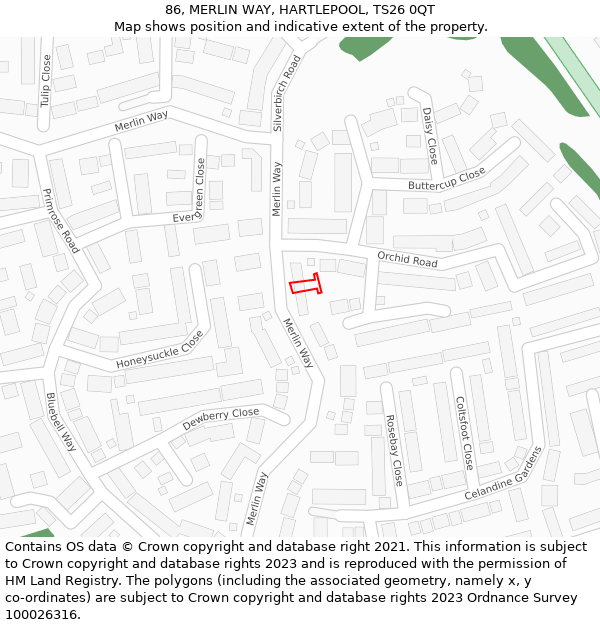 86, MERLIN WAY, HARTLEPOOL, TS26 0QT: Location map and indicative extent of plot