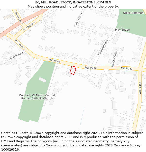 86, MILL ROAD, STOCK, INGATESTONE, CM4 9LN: Location map and indicative extent of plot