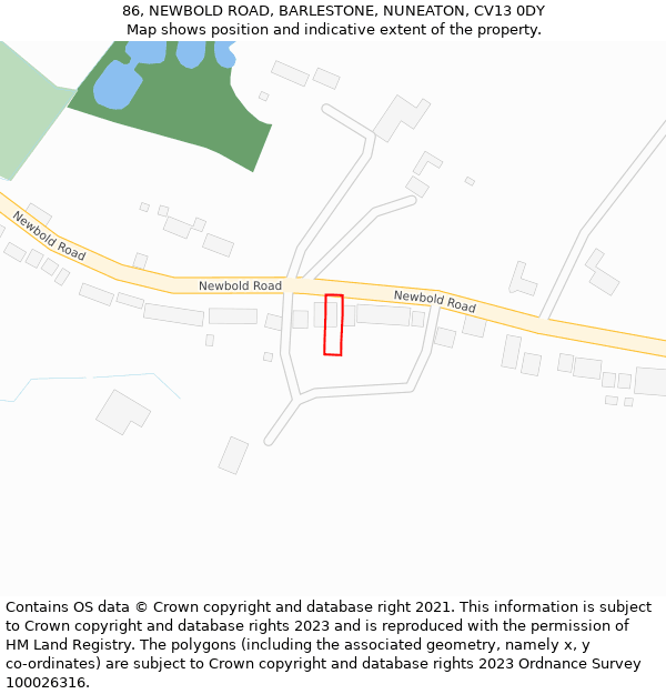 86, NEWBOLD ROAD, BARLESTONE, NUNEATON, CV13 0DY: Location map and indicative extent of plot