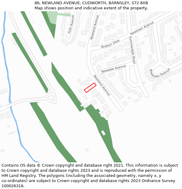 86, NEWLAND AVENUE, CUDWORTH, BARNSLEY, S72 8XB: Location map and indicative extent of plot