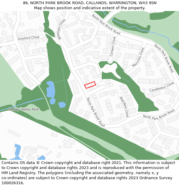 86, NORTH PARK BROOK ROAD, CALLANDS, WARRINGTON, WA5 9SN: Location map and indicative extent of plot