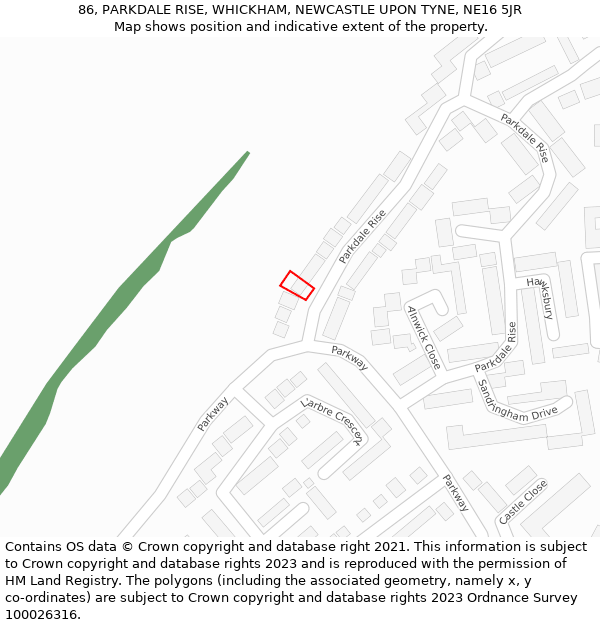 86, PARKDALE RISE, WHICKHAM, NEWCASTLE UPON TYNE, NE16 5JR: Location map and indicative extent of plot