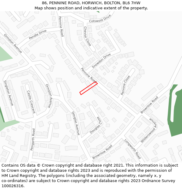 86, PENNINE ROAD, HORWICH, BOLTON, BL6 7HW: Location map and indicative extent of plot