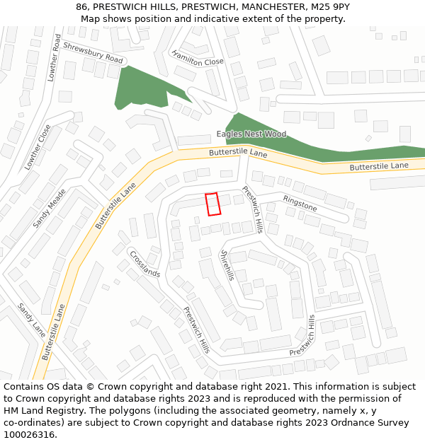 86, PRESTWICH HILLS, PRESTWICH, MANCHESTER, M25 9PY: Location map and indicative extent of plot