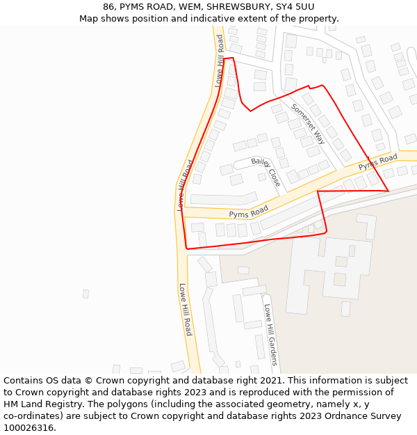 86, PYMS ROAD, WEM, SHREWSBURY, SY4 5UU: Location map and indicative extent of plot