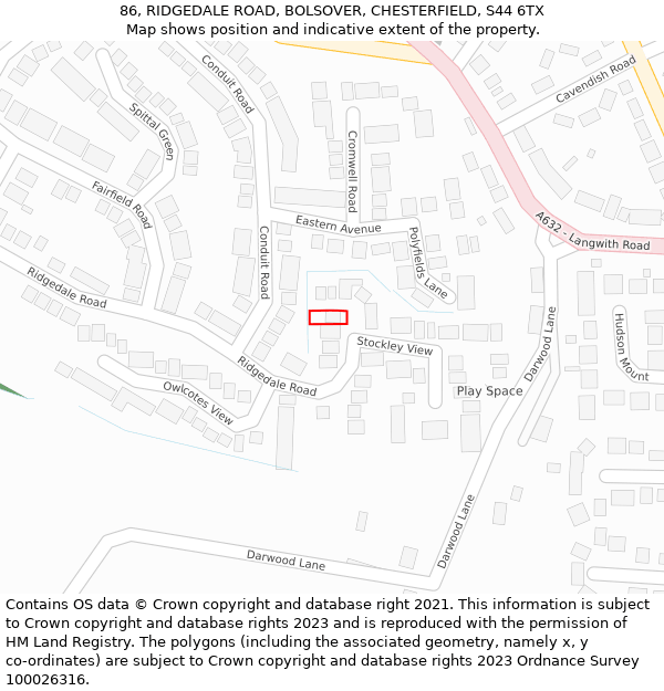 86, RIDGEDALE ROAD, BOLSOVER, CHESTERFIELD, S44 6TX: Location map and indicative extent of plot