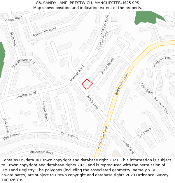 86, SANDY LANE, PRESTWICH, MANCHESTER, M25 9PS: Location map and indicative extent of plot