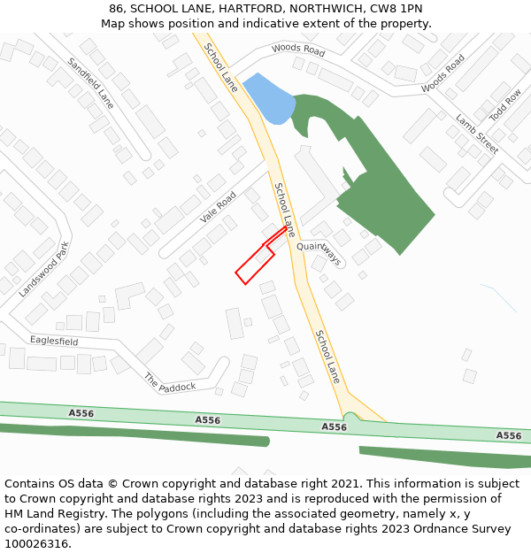 86, SCHOOL LANE, HARTFORD, NORTHWICH, CW8 1PN: Location map and indicative extent of plot