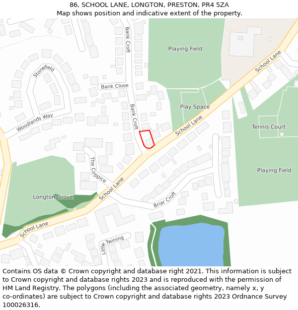 86, SCHOOL LANE, LONGTON, PRESTON, PR4 5ZA: Location map and indicative extent of plot