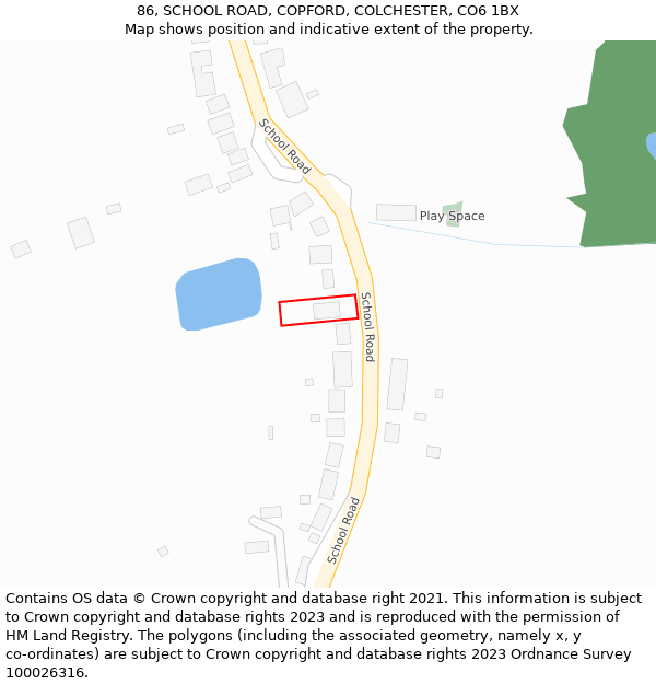 86, SCHOOL ROAD, COPFORD, COLCHESTER, CO6 1BX: Location map and indicative extent of plot