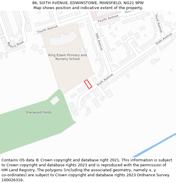 86, SIXTH AVENUE, EDWINSTOWE, MANSFIELD, NG21 9PW: Location map and indicative extent of plot