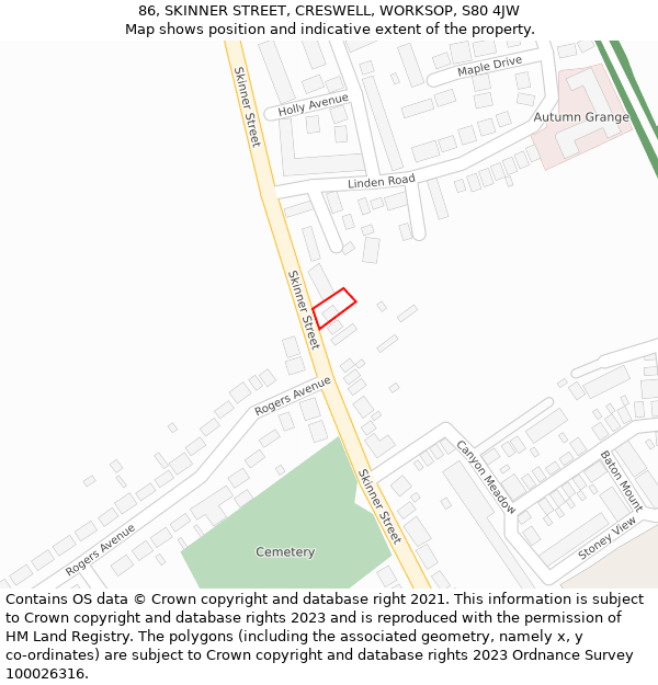 86, SKINNER STREET, CRESWELL, WORKSOP, S80 4JW: Location map and indicative extent of plot