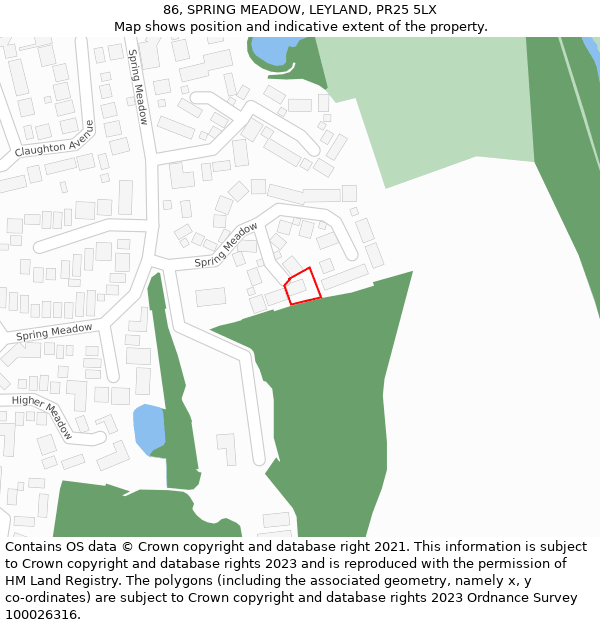 86, SPRING MEADOW, LEYLAND, PR25 5LX: Location map and indicative extent of plot