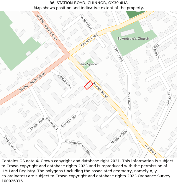 86, STATION ROAD, CHINNOR, OX39 4HA: Location map and indicative extent of plot