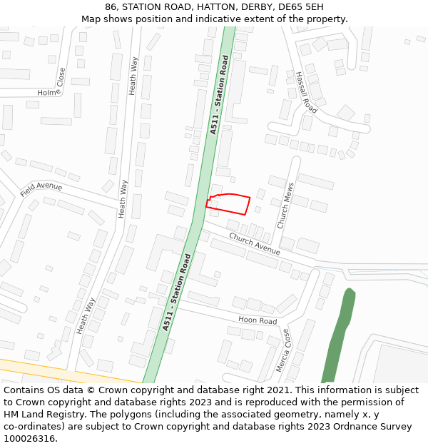 86, STATION ROAD, HATTON, DERBY, DE65 5EH: Location map and indicative extent of plot