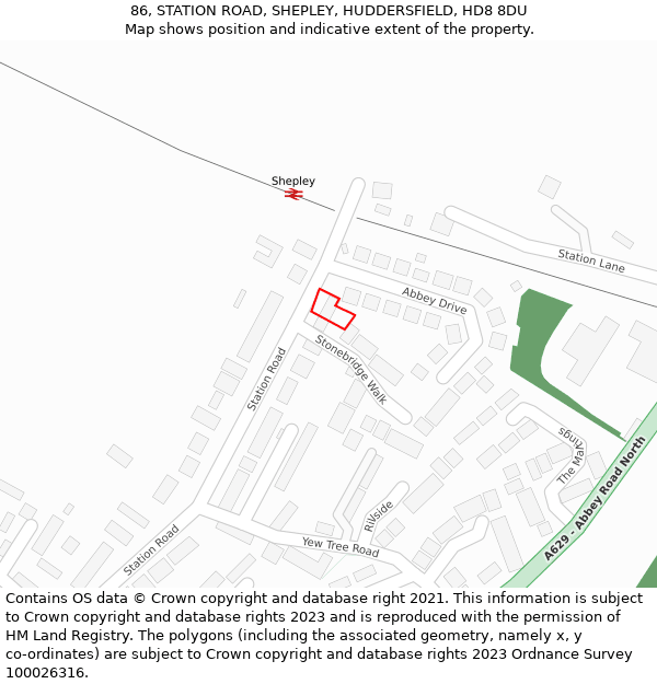 86, STATION ROAD, SHEPLEY, HUDDERSFIELD, HD8 8DU: Location map and indicative extent of plot