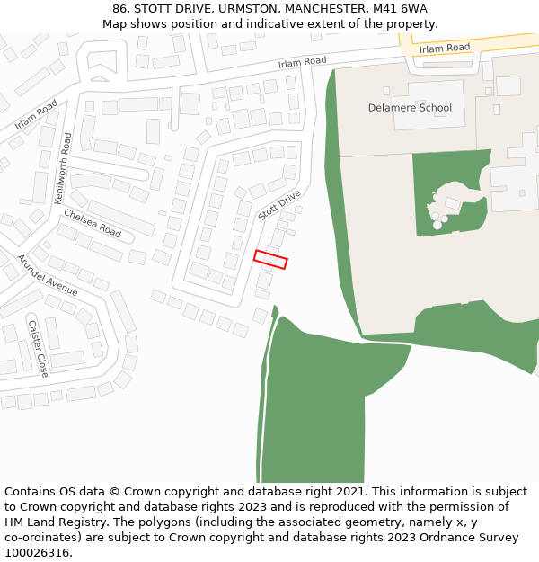 86, STOTT DRIVE, URMSTON, MANCHESTER, M41 6WA: Location map and indicative extent of plot