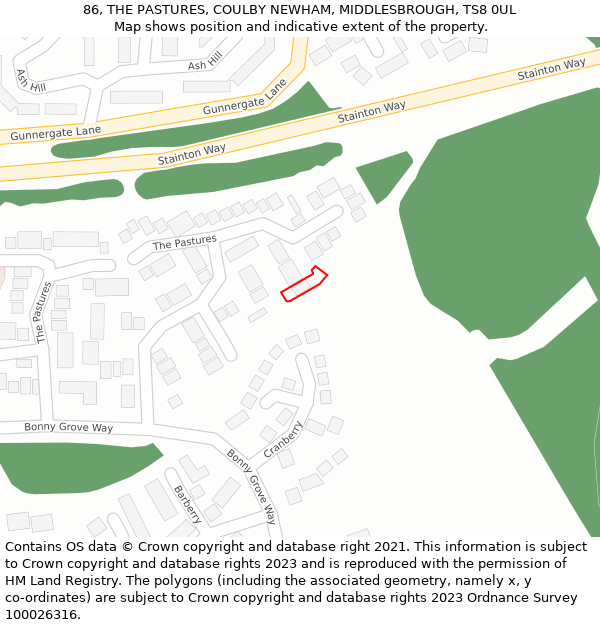 86, THE PASTURES, COULBY NEWHAM, MIDDLESBROUGH, TS8 0UL: Location map and indicative extent of plot