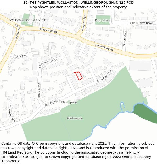 86, THE PYGHTLES, WOLLASTON, WELLINGBOROUGH, NN29 7QD: Location map and indicative extent of plot