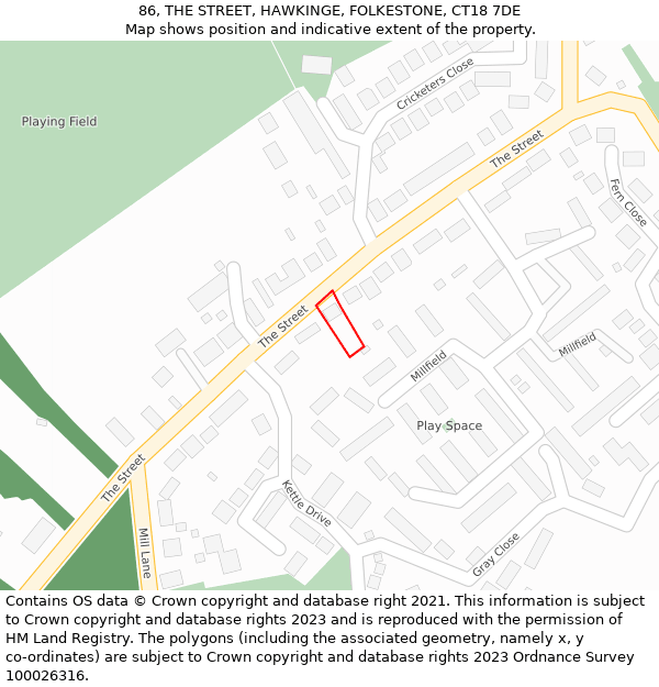 86, THE STREET, HAWKINGE, FOLKESTONE, CT18 7DE: Location map and indicative extent of plot