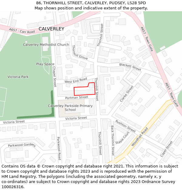 86, THORNHILL STREET, CALVERLEY, PUDSEY, LS28 5PD: Location map and indicative extent of plot