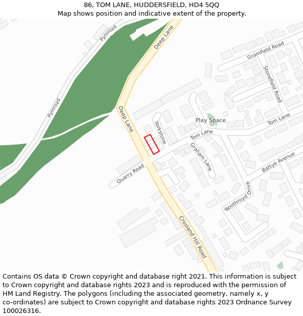 86, TOM LANE, HUDDERSFIELD, HD4 5QQ: Location map and indicative extent of plot