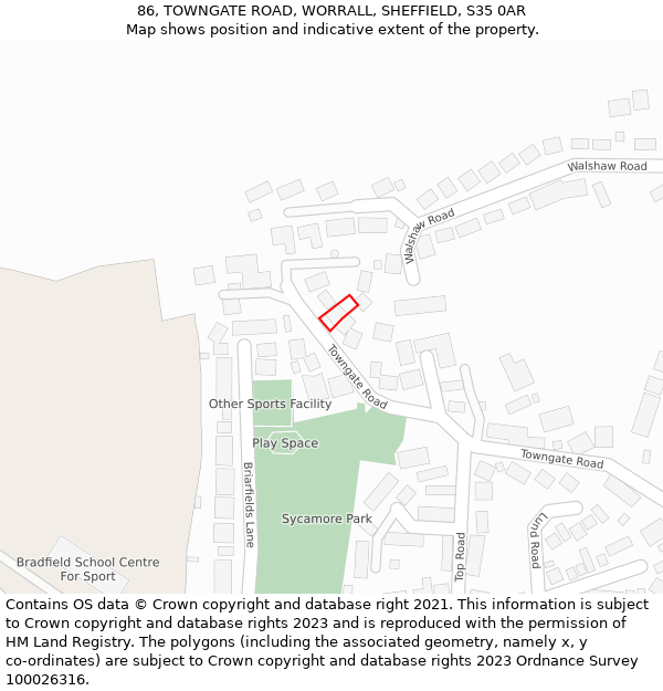 86, TOWNGATE ROAD, WORRALL, SHEFFIELD, S35 0AR: Location map and indicative extent of plot
