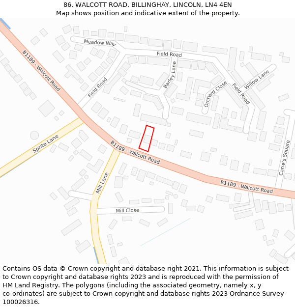 86, WALCOTT ROAD, BILLINGHAY, LINCOLN, LN4 4EN: Location map and indicative extent of plot
