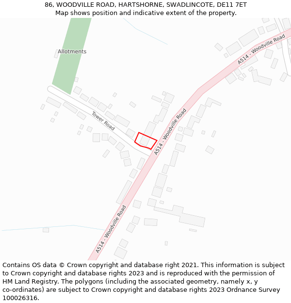 86, WOODVILLE ROAD, HARTSHORNE, SWADLINCOTE, DE11 7ET: Location map and indicative extent of plot