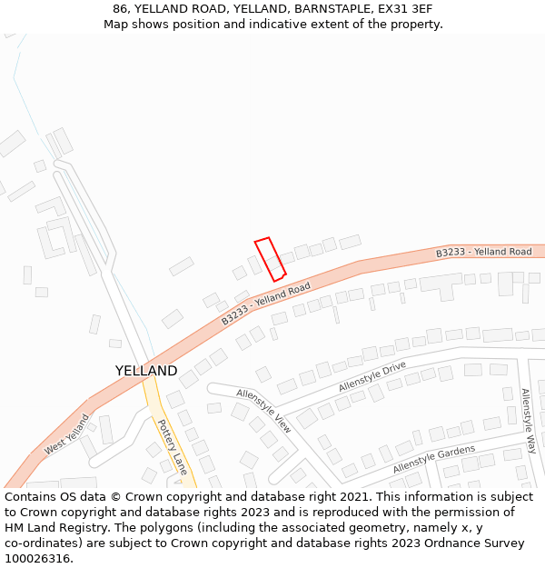 86, YELLAND ROAD, YELLAND, BARNSTAPLE, EX31 3EF: Location map and indicative extent of plot